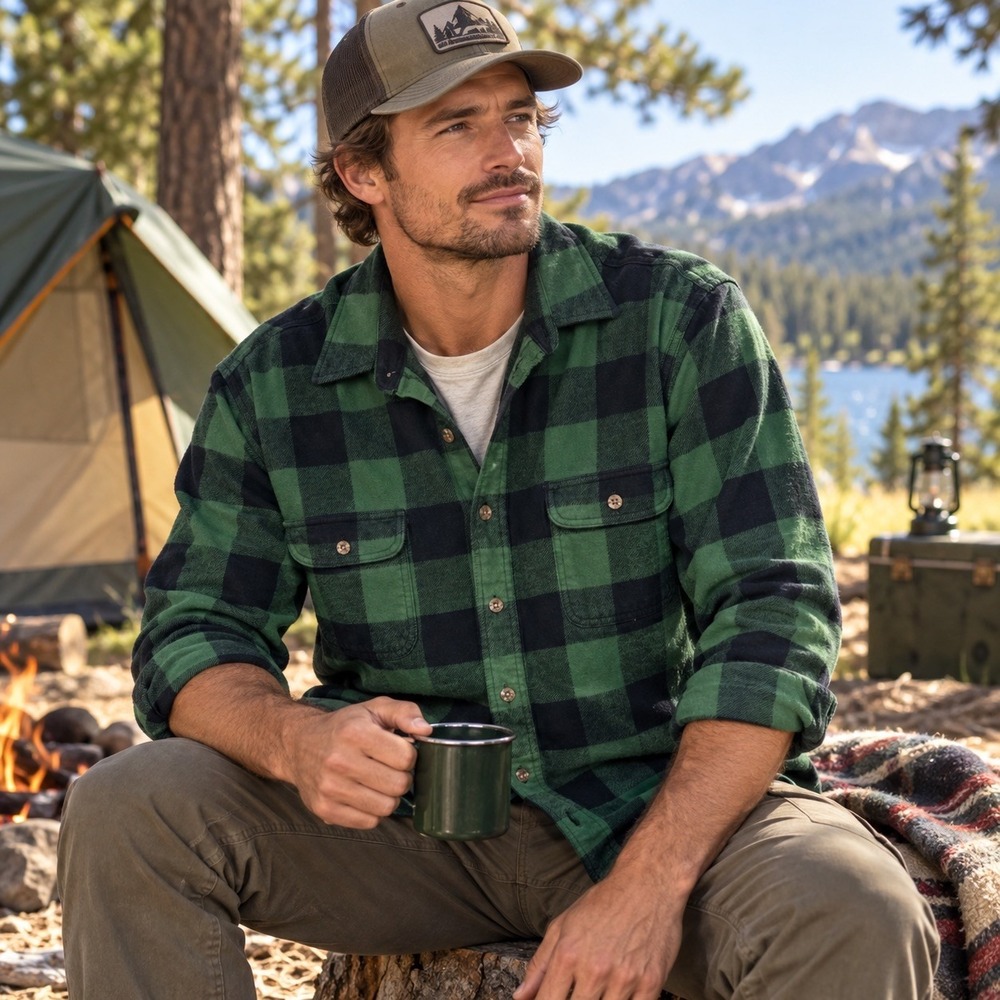 FIELD & STREAM SHACKET MEN XL 100% COTTON PLAID FLANNEL WESTERN GREEN BLACK EUC